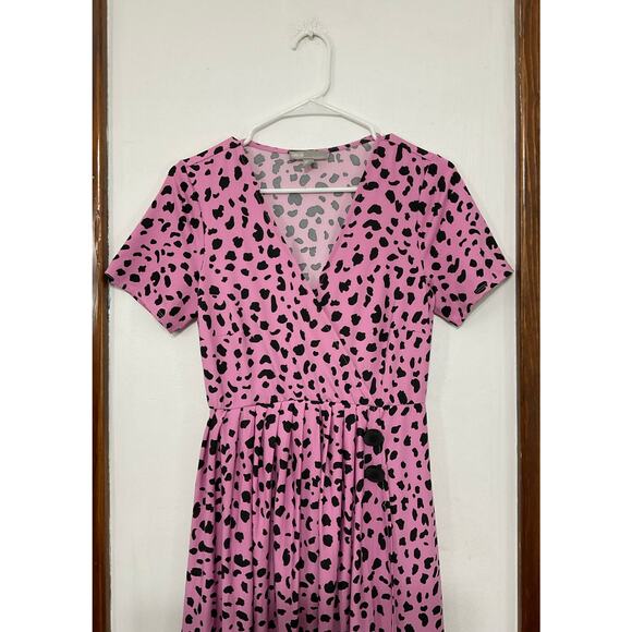 ASOS Pink Leopard Midi Wrap Dress Size 4 Small V-Neck Stretch Elastic Waist - Picture 4 of 9